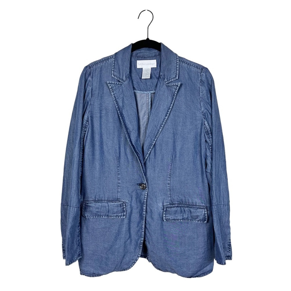 Soft Surroundings Blue Tencel Chambray One Button Blazer Jacket Lightweight PXS